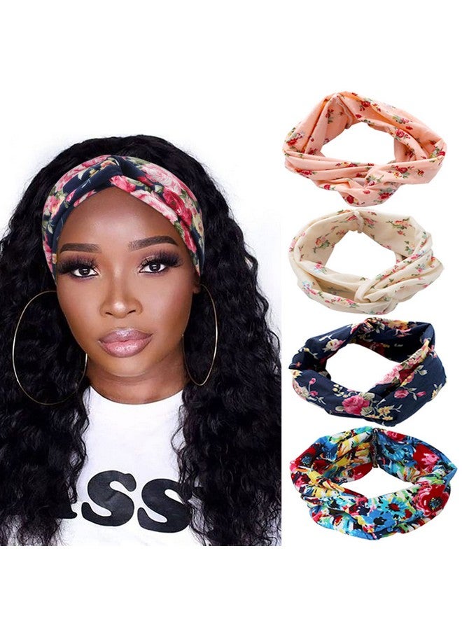 إسكدنيا 4 Pack Boho Cotton Non-Slip Headbands For Women Girls Yoga Workout Running Knotted Turban Floral Elastic Head Wrap - Image 1