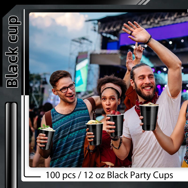 Dualshine 100 Pack Black Plastic Cups 12 oz Disposable Cups for Party Heavy Duty Drinking Cups Graduation Shot Cups for Wedding Birthday Beer Taste Serving Snack Sample Tastings Barbecues Picnic - Image 2