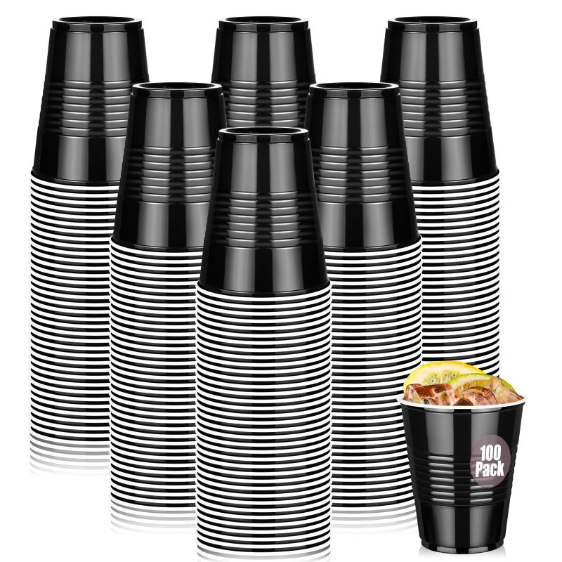 Dualshine 100 Pack Black Plastic Cups 12 oz Disposable Cups for Party Heavy Duty Drinking Cups Graduation Shot Cups for Wedding Birthday Beer Taste Serving Snack Sample Tastings Barbecues Picnic - Image 1