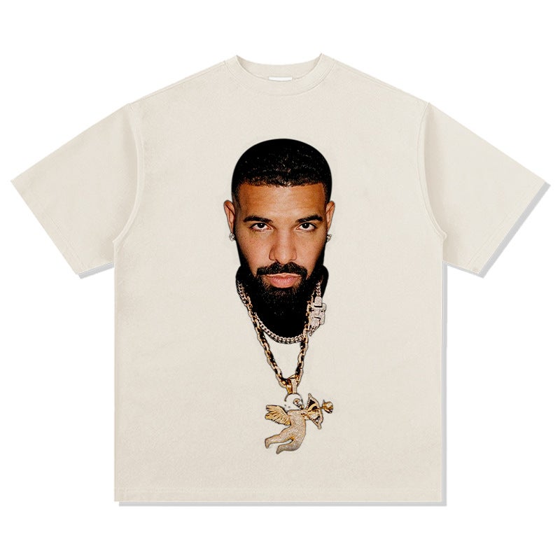 -style Retro Hip-hop Drake Big Head Printed High Street Short-sleeved T-shirt Washed Heavy Cotton Crewneck Hooded Sweatshirt - Image 1
