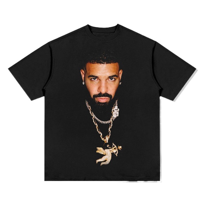 -style Retro Hip-hop Drake Big Head Printed High Street Short-sleeved T-shirt Washed Heavy Cotton Crewneck Hooded Sweatshirt - Image 2