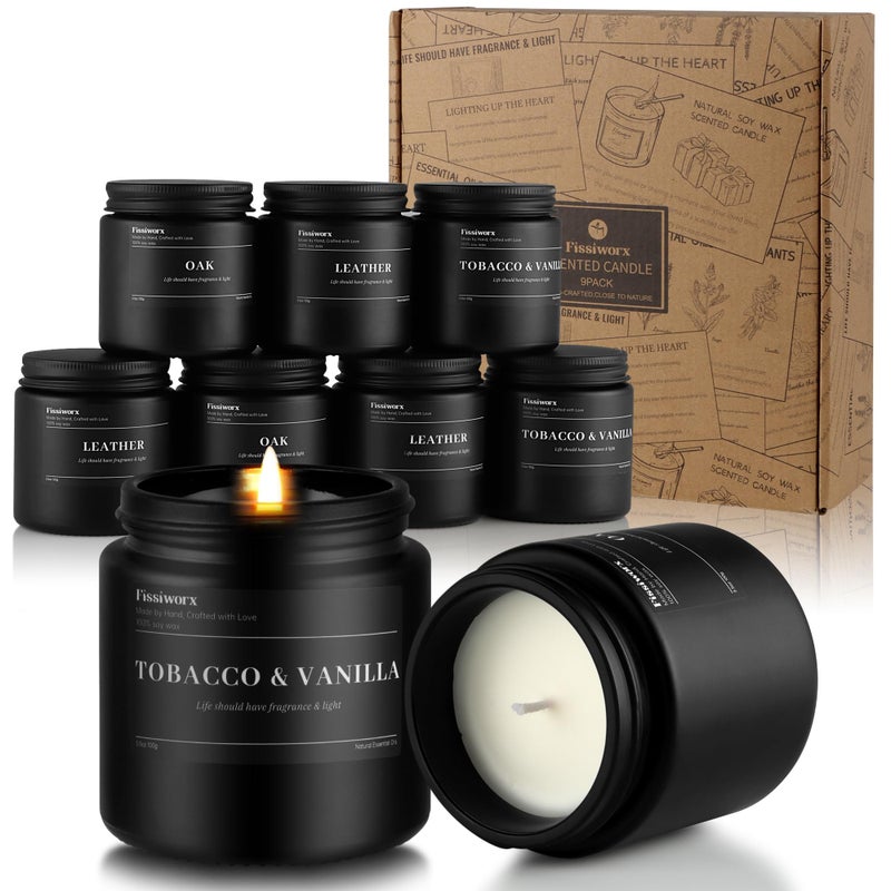 FISSIWORX 9 Pack Scented Candles Set Gifts for Men, Aromatherapy Candle Set with Scents (Leather/Vanilla/Oak) - Gift for Dad, Boyfriend, Birthday, Fatherâ€™s Day, Valentine's Day Gift - Image 1