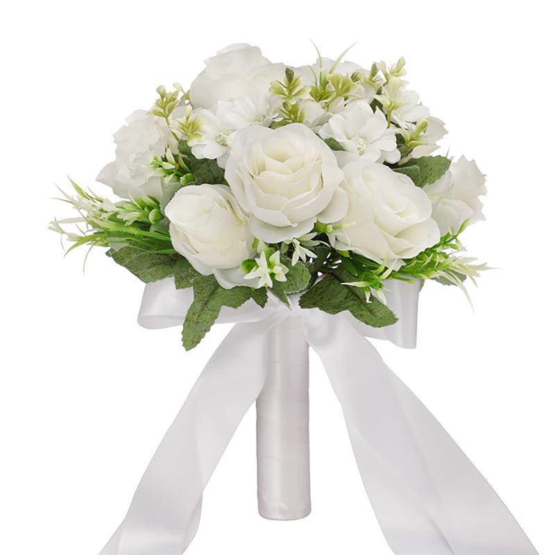 CYANLUX Wedding Bouquets for Bride Bridesmaid Bouquet Champagne White Artificial Roses Flowers for Wedding Valentine's Day Church Home Decoration (White)â€¦ - Image 1