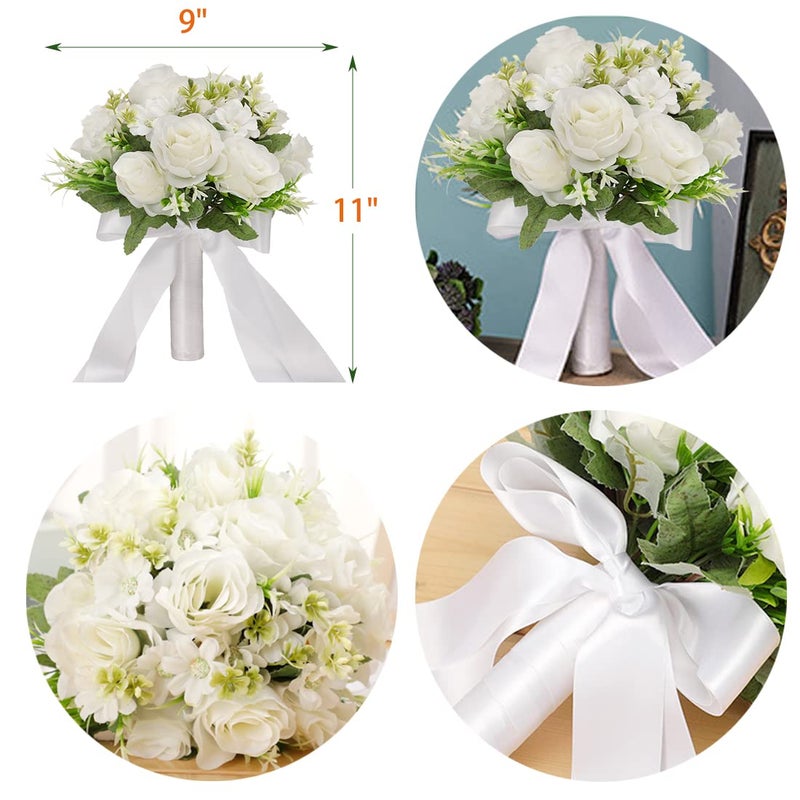 CYANLUX Wedding Bouquets for Bride Bridesmaid Bouquet Champagne White Artificial Roses Flowers for Wedding Valentine's Day Church Home Decoration (White)â€¦ - Image 5