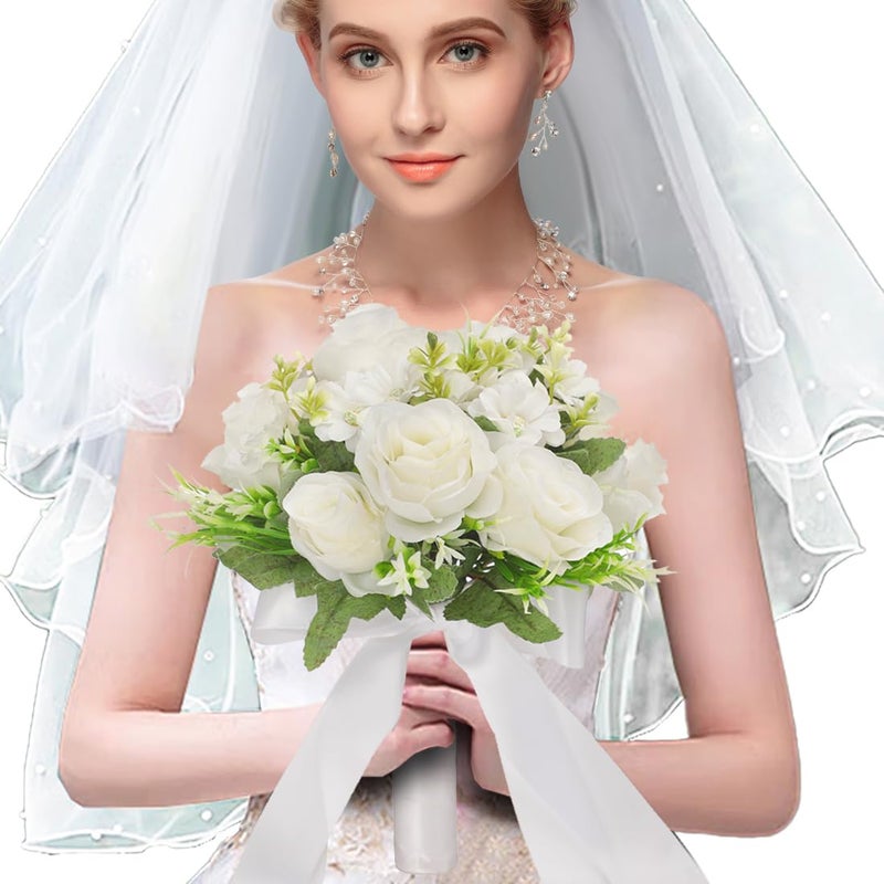 CYANLUX Wedding Bouquets for Bride Bridesmaid Bouquet Champagne White Artificial Roses Flowers for Wedding Valentine's Day Church Home Decoration (White)â€¦ - Image 2