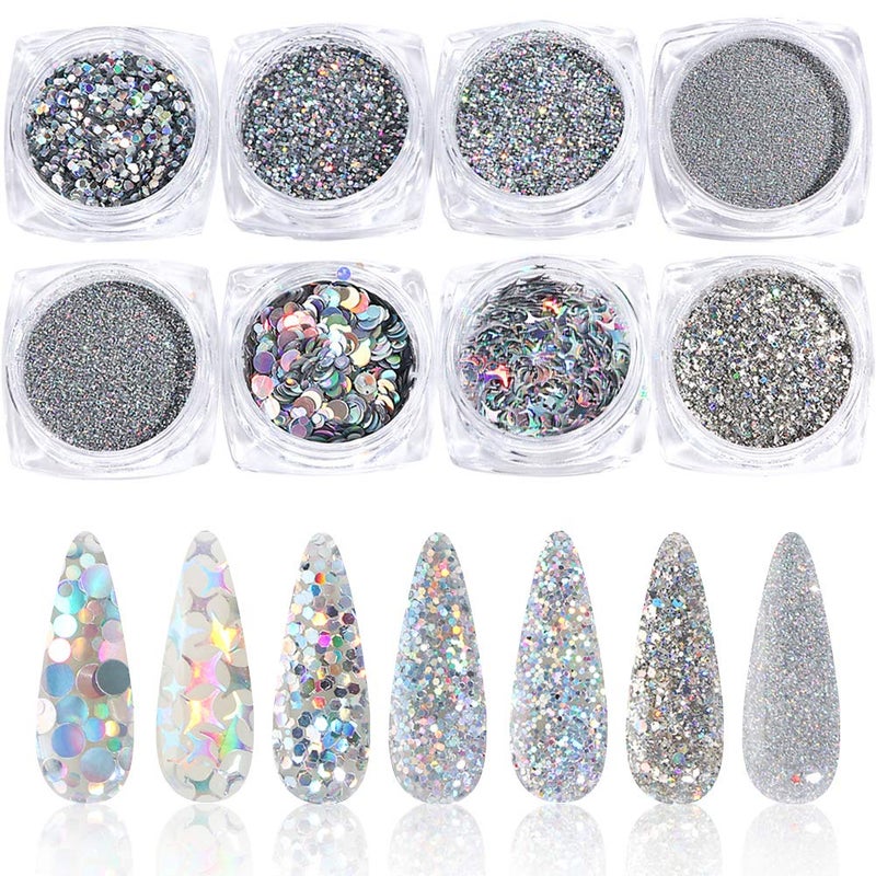 KISSBUTY 8 Boxes Holographic Nail Art Sequins Glitter Set  Metallic Shining Flakes Silver Nail Glitter for Manicure