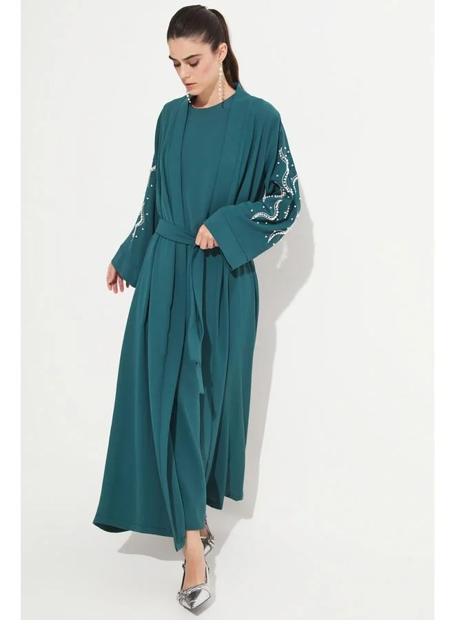 JUNE June Stone Detailed Flowy Abaya Green
