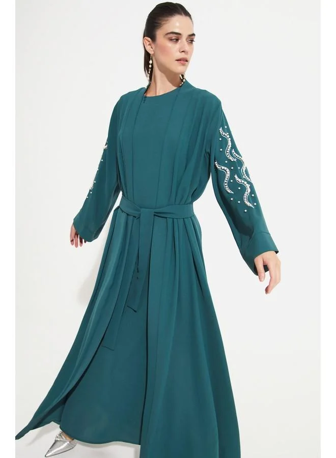 JUNE June Stone Detailed Flowy Abaya Green