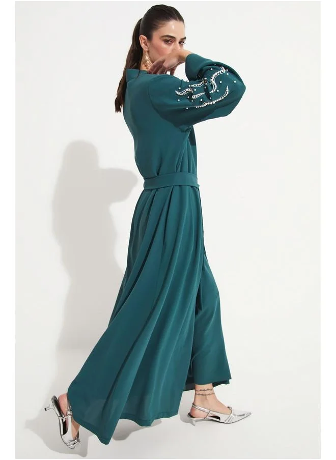 JUNE June Stone Detailed Flowy Abaya Green