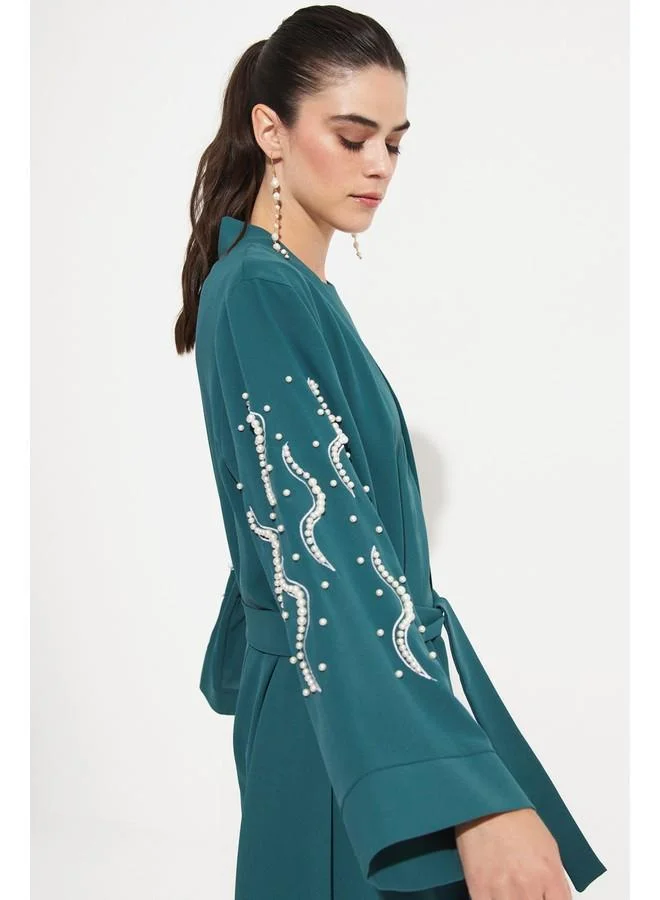 JUNE June Stone Detailed Flowy Abaya Green