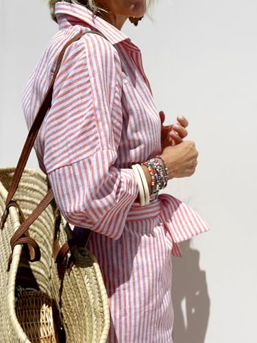 utcoco Womens 2026 Shirt Dress Casual Lapel 3/4 Sleeve Button Down Split Belted Vacation Maxi Dress (X-Small, Pink Striped) - Image 3