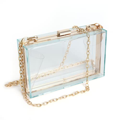 WJCD Women Clear Purse Acrylic Box Clutch Handbag, Small Transparent Crossbody Evening Bag Stadium Approved Gold Chain Strap (light blue) - Image 1