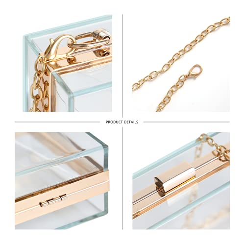 WJCD Women Clear Purse Acrylic Box Clutch Handbag, Small Transparent Crossbody Evening Bag Stadium Approved Gold Chain Strap (light blue) - Image 3