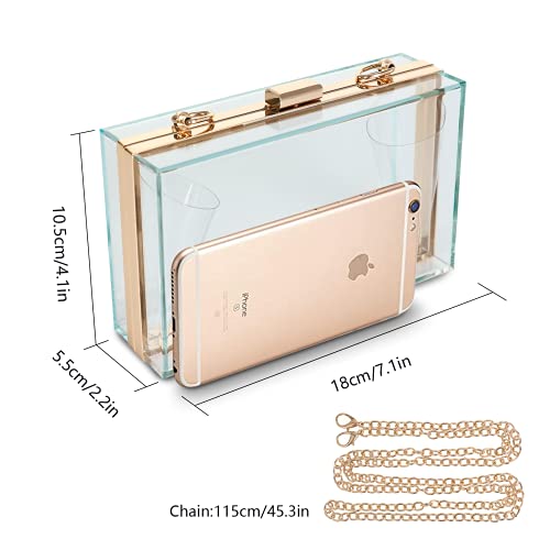 WJCD Women Clear Purse Acrylic Box Clutch Handbag, Small Transparent Crossbody Evening Bag Stadium Approved Gold Chain Strap (light blue) - Image 2