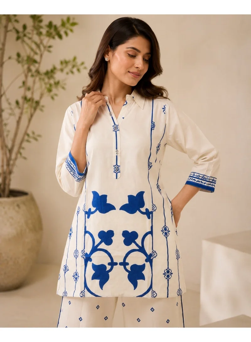 Lehar Women's Off-White & Royal Blue Printed Cotton Blend Co-Ord Set