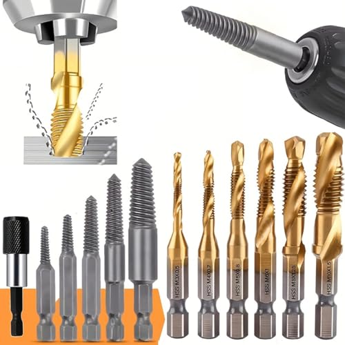 Serplex® 6Pcs Drill Bit Set & 5Pcs Screw Extractors, M3-M10 Metric Sizes, High-Speed Steel Drill Bits, Universal 1/4" Hex Shank Drilling Bits with Drilling Chuck Adapter - Image 1