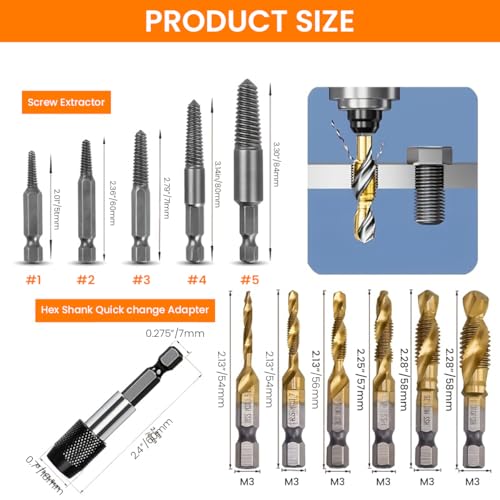 Serplex® 6Pcs Drill Bit Set & 5Pcs Screw Extractors, M3-M10 Metric Sizes, High-Speed Steel Drill Bits, Universal 1/4" Hex Shank Drilling Bits with Drilling Chuck Adapter - Image 2