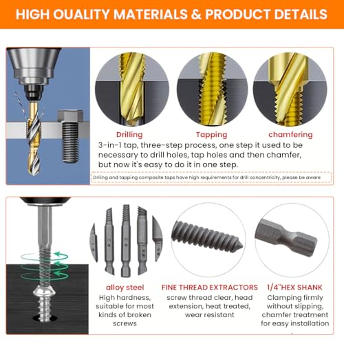 Serplex® 6Pcs Drill Bit Set & 5Pcs Screw Extractors, M3-M10 Metric Sizes, High-Speed Steel Drill Bits, Universal 1/4" Hex Shank Drilling Bits with Drilling Chuck Adapter - Image 3