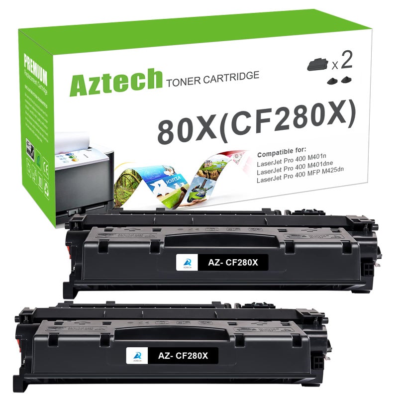 Aztech خراطيش حبر بديلة متوافقة مع Aztech CF280X لطابعات HP 80X CF280X 80A CF280A Pro 400 M401A M401D M401N M401DNE MFP M425DN (أسود، 2 عبوات) - Image 1