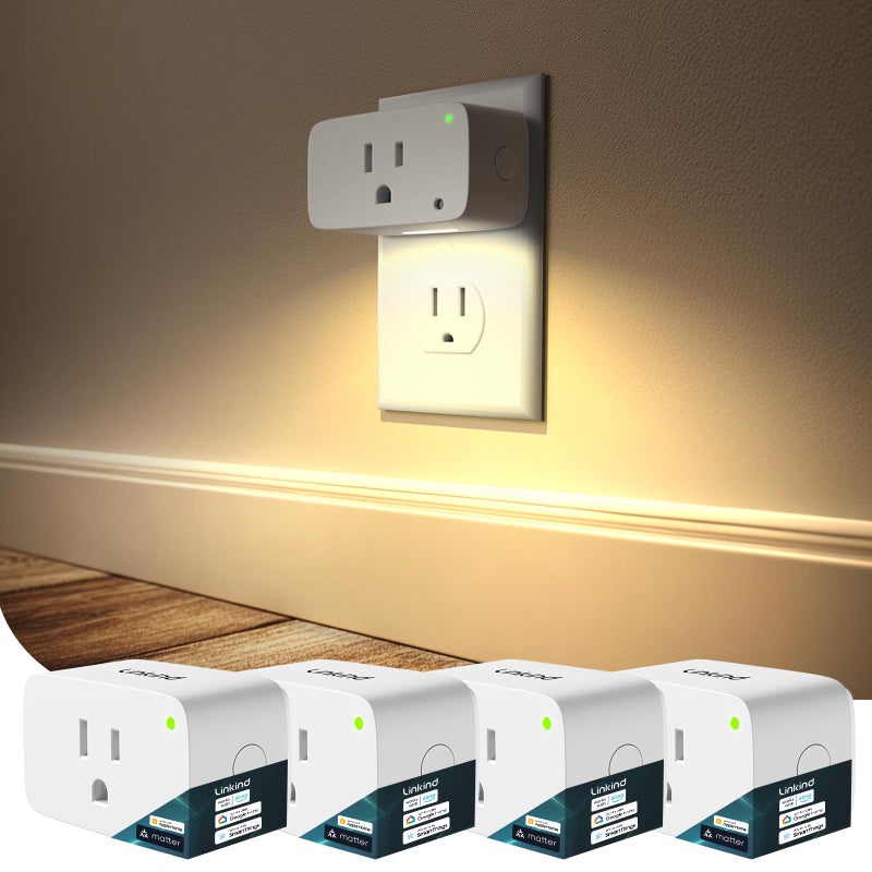 Linkind Matter Smart Plug with LED Night Light, Work with Alexa, Apple Home, Google, Smart Outlet 15A/1800W, Dusk to Dawn, Plug in Wall, Timer&Schedule, ETL&FCC Certified, 2.4GHz Wi-Fi Only, 4 Pack - Image 1