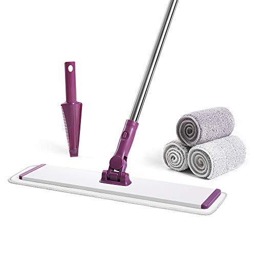 CQT Commercial Flat Microfiber Floor Mop Cleaning System 18 Inch Wet Dry and Dust Hardwood with 4 Washable Pads Cleaner for Laminate Tile Stainless Steel Handle and Extension PT13WET