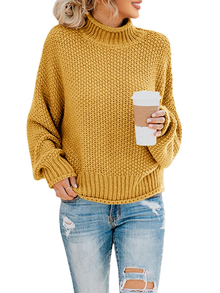 Saodimallsu Womens Oversized Turtleneck Fall Sweaters Batwing Long Sleeve Cute Cozy Chunky Knit Pullover Jumper Tops Yellow - Image 1