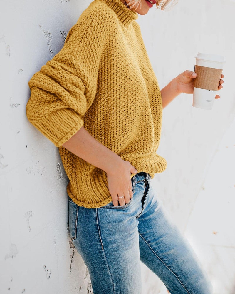 Saodimallsu Womens Oversized Turtleneck Fall Sweaters Batwing Long Sleeve Cute Cozy Chunky Knit Pullover Jumper Tops Yellow - Image 3