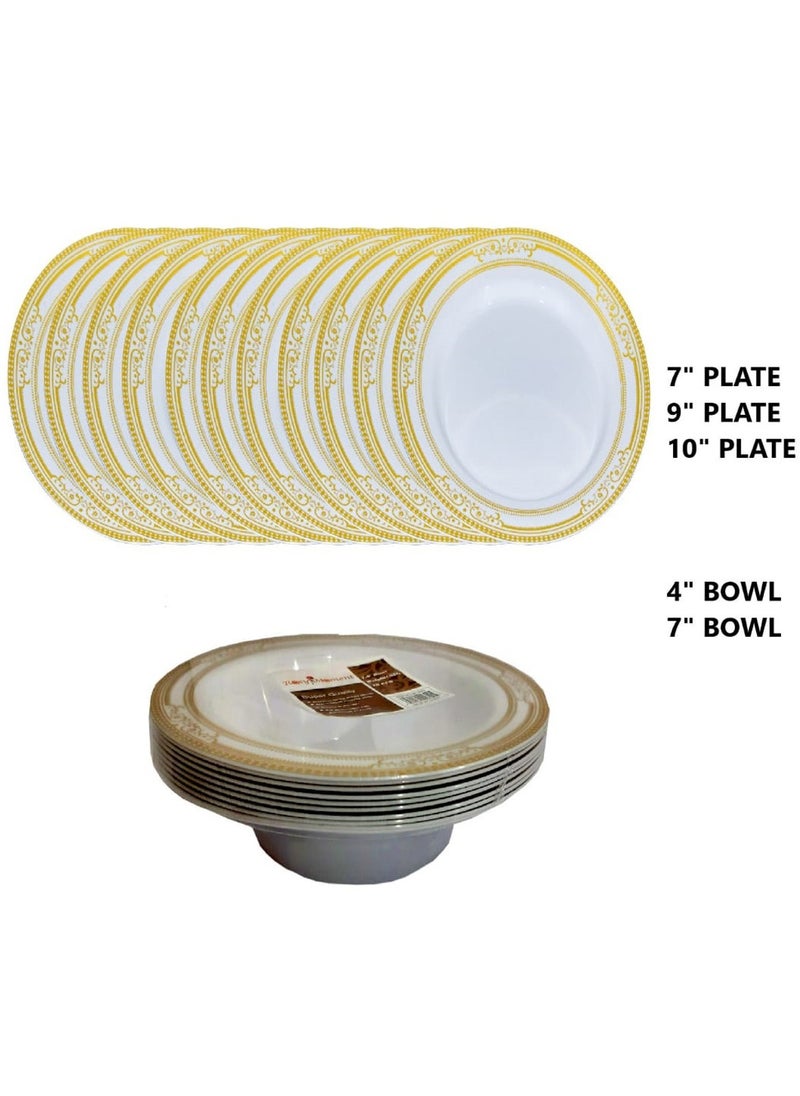 Tradeo 50 Pcs Gold Disposable Dinner ware Set for outing and Guest Sizes Plate 7inch(10Pcs), Plate 9 inch(10Pcs), Plate 10inch(10Pcs), Bowl 4inch(10Pcs), Bowl 7inch(10Pcs) Plates Set. 