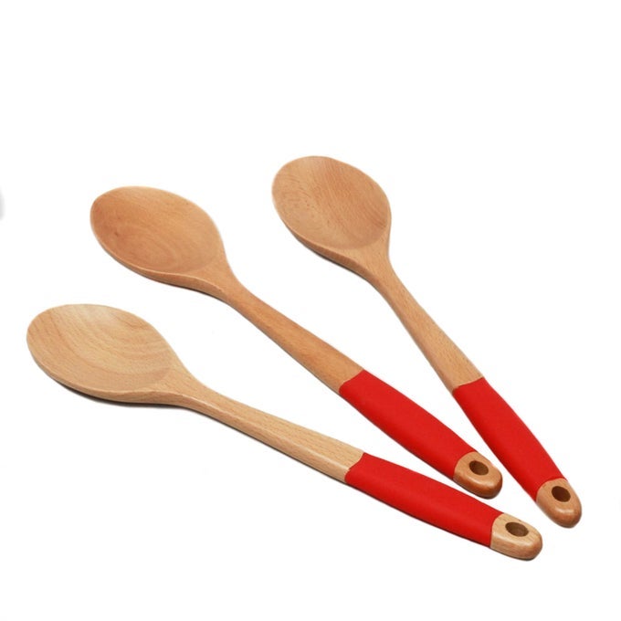 PREMIUM SILICONE HANDLE WOODEN SPOON SET 14 INCH RED