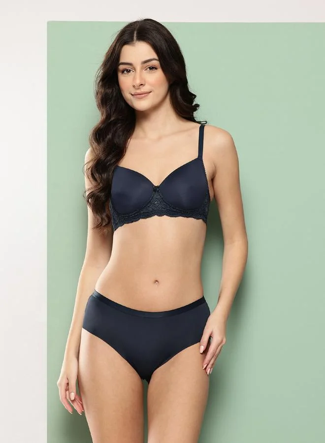 Leading Lady Navy Blue Lace Detail Lightly Padded Non Wired Bra and Brief Set