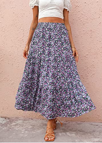 KIRUNDO Women's 2025 Fall High Waist Boho Floral Maxi Skirt Trendy Casual Flowy Swing Pleated A Line Beach Long Skirts(Black Purple, Medium) - Image 4