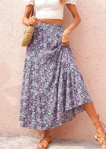 KIRUNDO Women's 2025 Fall High Waist Boho Floral Maxi Skirt Trendy Casual Flowy Swing Pleated A Line Beach Long Skirts(Black Purple, Medium) - Image 3