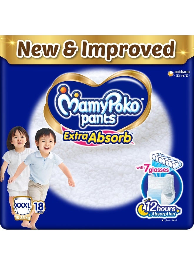Mamypoko pants Extra Absorb| Pant Style Baby Diapers (XXXL), 18 Count, 18-35kg||Deep Sleep Diapers| Soft gentle fit |Deep Absorbent Crisscross | skin friendly with coconut oil