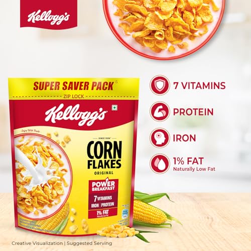 Kellogg's Corn Flakes Original | Power of 5: Energy, Protein, Iron, Vitamins B1, B2, B3 & C| Corn Flakes, Breakfast Cereal | Naturally Cholestrol Free875g/900g(Weight may vary) - Image 5
