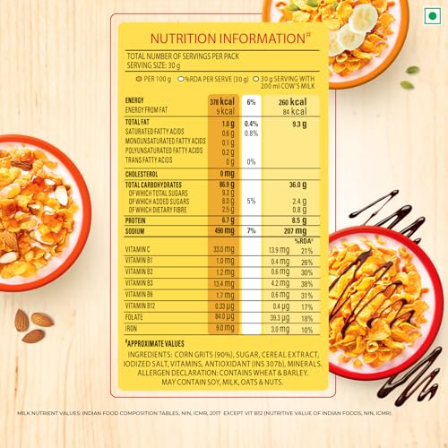 Kellogg's Corn Flakes Original | Power of 5: Energy, Protein, Iron, Vitamins B1, B2, B3 & C| Corn Flakes, Breakfast Cereal | Naturally Cholestrol Free875g/900g(Weight may vary) - Image 4
