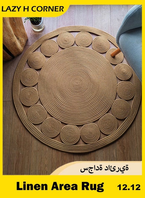 Bohemian Round Rug Handwoven – Linen & Cotton Floor Mat – Textured Non-Slip Grip – Machine Washable & Foldable – Light Beige – Natural Boho Home Decor