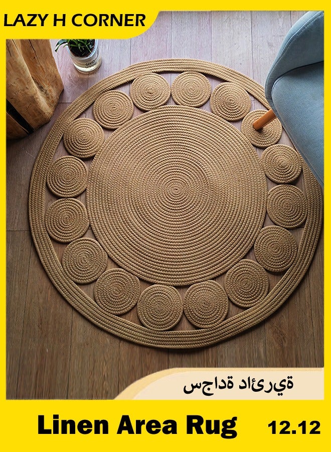 LAZY H CORNER Boho Hand Woven Round Rugs, Circle Area Rugs, Washable Bath Mats, Kitchen Mats, Natural Linen Floor Mats, Ideal Rugs For Bedroom, Living Room Hallway, Home Decor, Room Decor For Family 80cm/100cm/120cm - Image 1