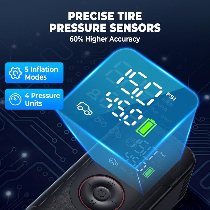 Vernee Portable Cordless Tire Inflator, 150PSI Air Compressor with 3000mAh Battery - Image 4