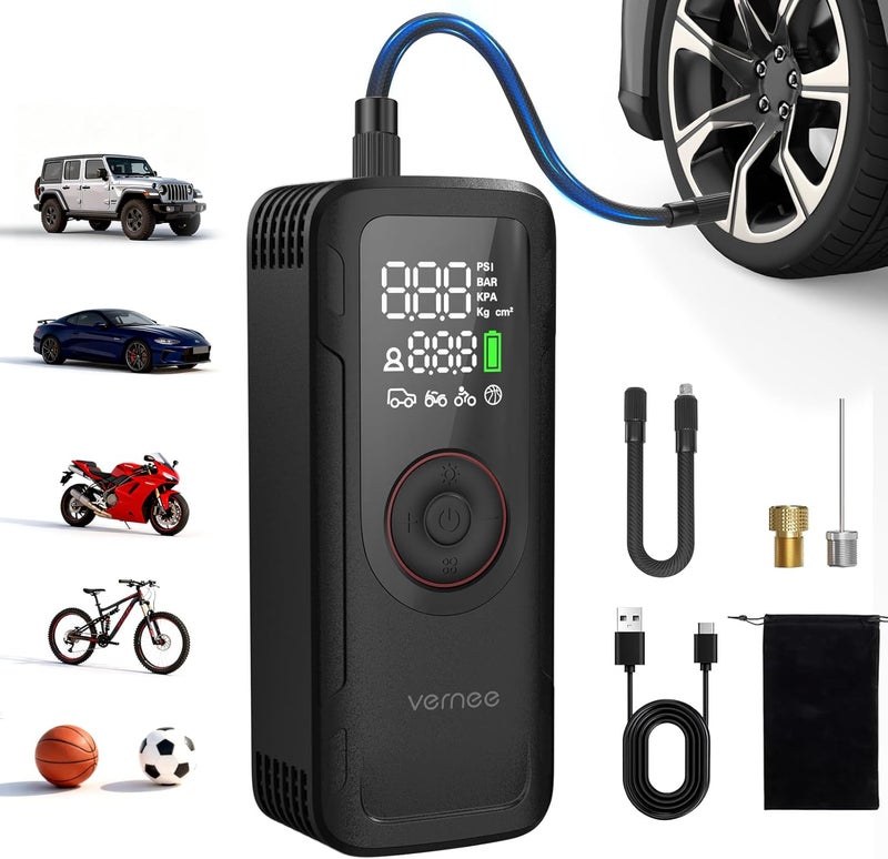 Vernee Portable Cordless Tire Inflator, 150PSI Air Compressor with 3000mAh Battery - Image 1