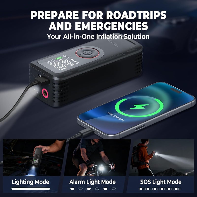 Vernee Portable Cordless Tire Inflator, 150PSI Air Compressor with 3000mAh Battery - Image 5