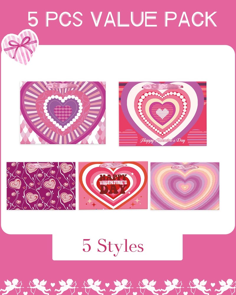 qiqee Heart Valentine Gift Bag with Tissue Paper Wide Assorted Present Wrap Bags for Women Girlfriend Classroom Happy Valentine's Day (3 PCS Medium +2 PCS Large) - Image 2