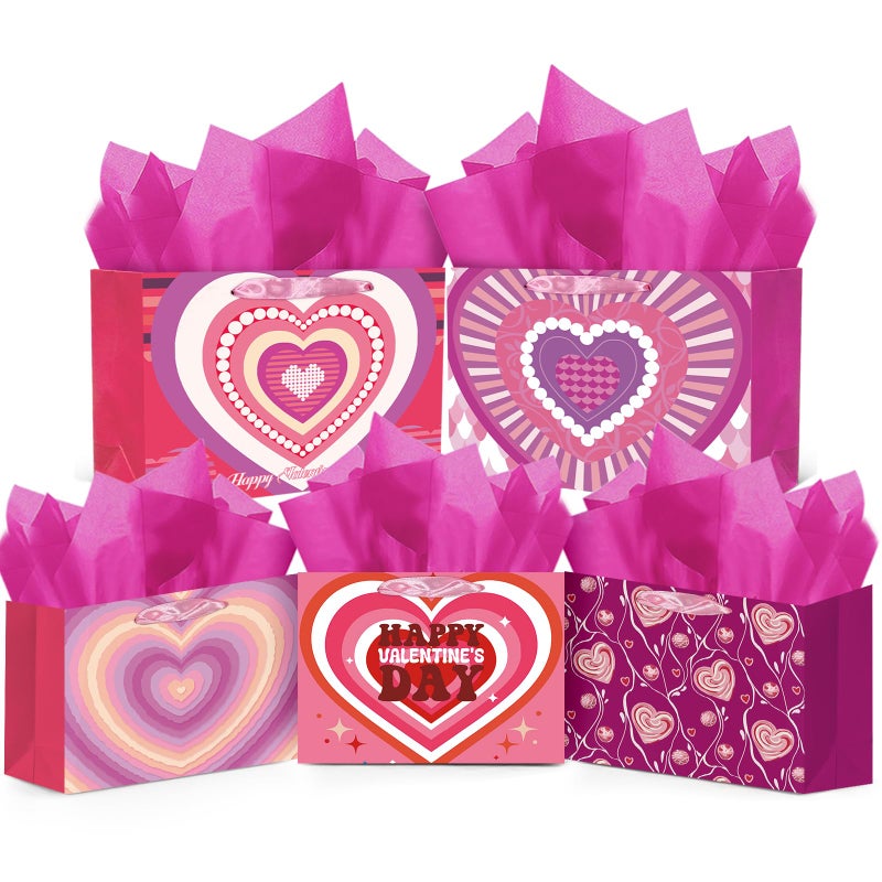 qiqee Heart Valentine Gift Bag with Tissue Paper Wide Assorted Present Wrap Bags for Women Girlfriend Classroom Happy Valentine's Day (3 PCS Medium +2 PCS Large) - Image 1