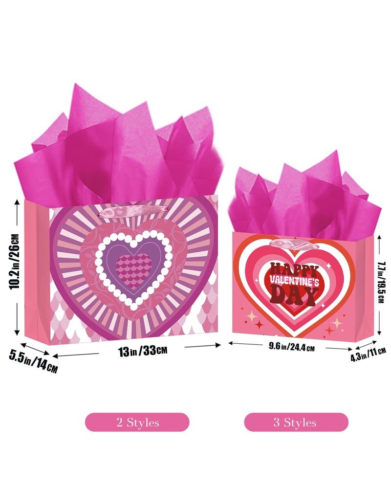 qiqee Heart Valentine Gift Bag with Tissue Paper Wide Assorted Present Wrap Bags for Women Girlfriend Classroom Happy Valentine's Day (3 PCS Medium +2 PCS Large) - Image 4
