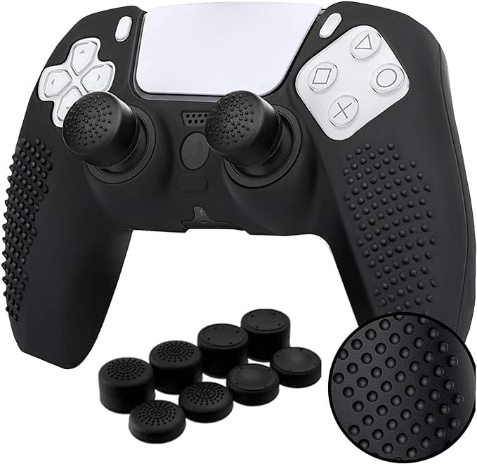 Fekra Case for PS5 Controller Skin, Anti-Slip Silicone Cover Skin with 8 Thumb Grip Caps, Anti-Scratch Protection Case Compatible with Playstation 5 DualSense Wireless Controller (Black)