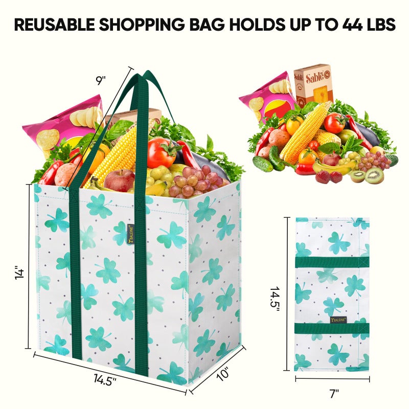 BALEINE 4 PK Grocery Bags Reusable Shopping Bags with Reinforced Bottom, Heavy Duty Foldable Tote Bags (Clover) - Image 2