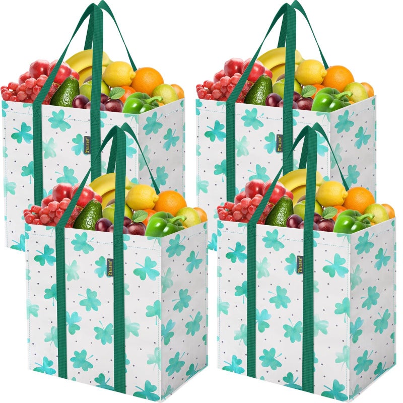 BALEINE 4 PK Grocery Bags Reusable Shopping Bags with Reinforced Bottom, Heavy Duty Foldable Tote Bags (Clover) - Image 1