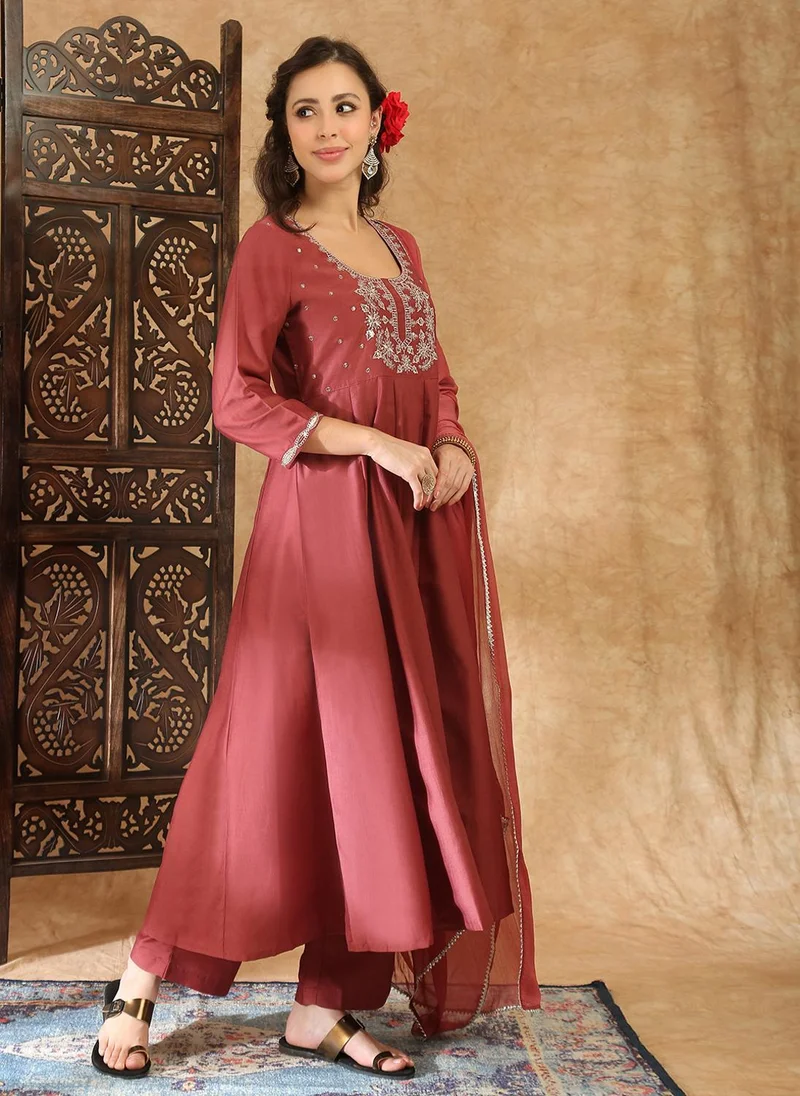globus Globus Women Peach Square Neck Zari Embroidered Panelled Anarkali Kurta with Trousers and Dupatta Festive Set