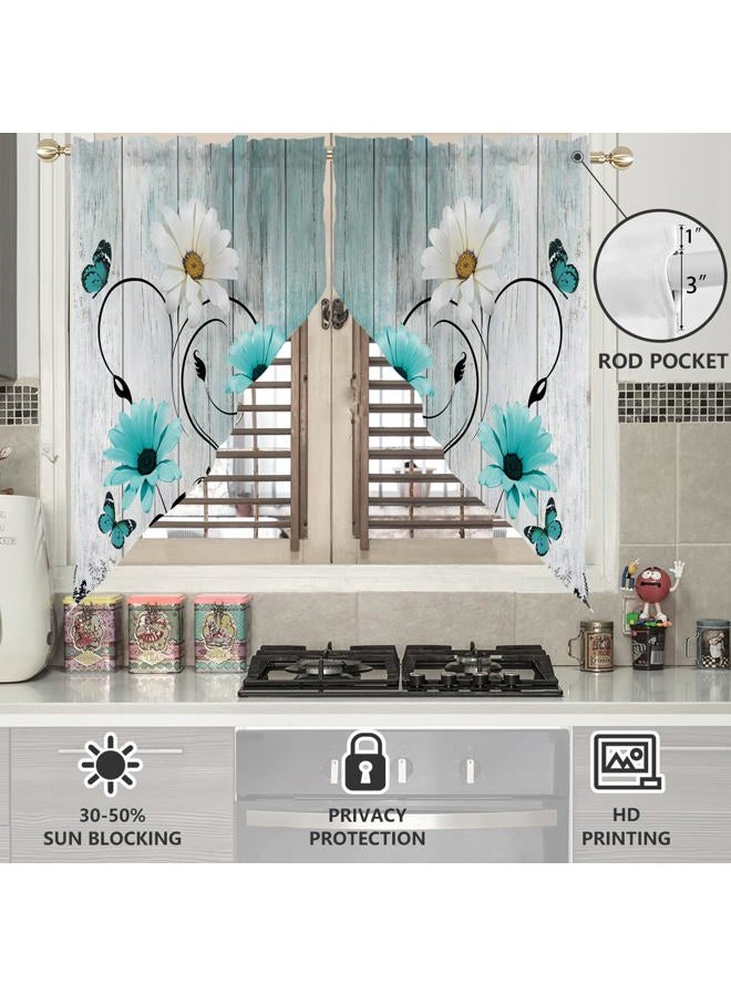AAtter Teal Floral Kitchen Valance Curtain for Window Turquoise Aqua Flower Rustic Country White Daisy Butterfly Small Short Home Living Room Bedroom Bathroom Drape Fabric 1 Pair, 28" W x 36" L, Cute - Image 2