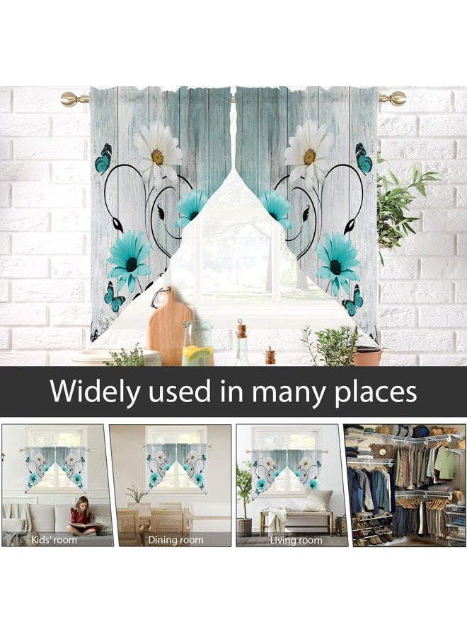 AAtter Teal Floral Kitchen Valance Curtain for Window Turquoise Aqua Flower Rustic Country White Daisy Butterfly Small Short Home Living Room Bedroom Bathroom Drape Fabric 1 Pair, 28" W x 36" L, Cute - Image 4
