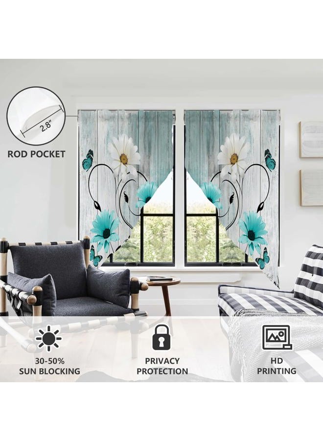 AAtter Teal Floral Kitchen Valance Curtain for Window Turquoise Aqua Flower Rustic Country White Daisy Butterfly Small Short Home Living Room Bedroom Bathroom Drape Fabric 1 Pair, 28" W x 36" L, Cute - Image 3